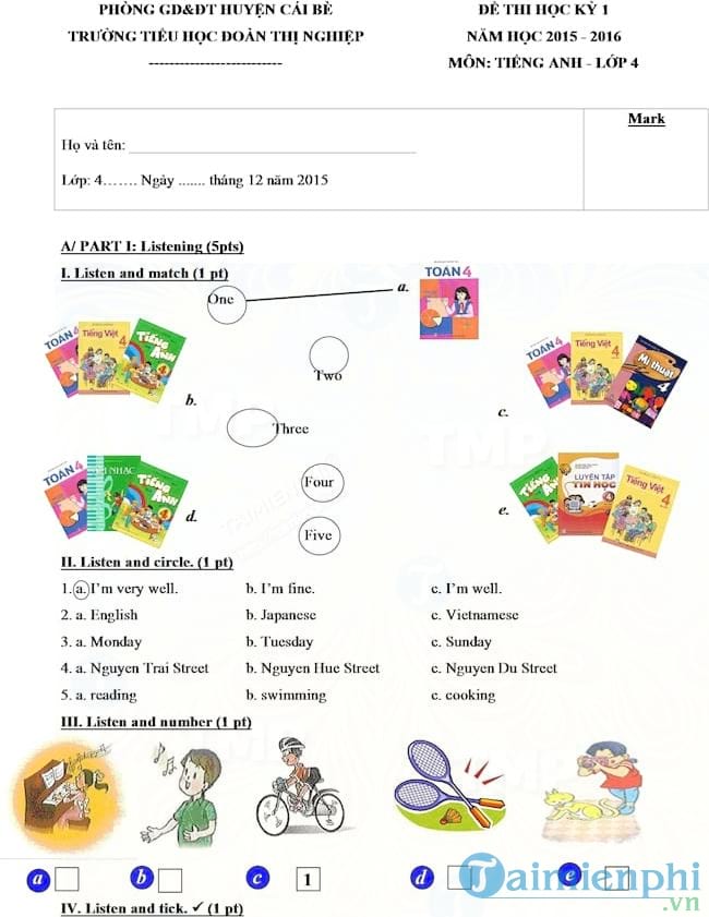 Tuyển tập đề thi tiếng anh lớp 4 (giúp con làm quen các dạng bài)