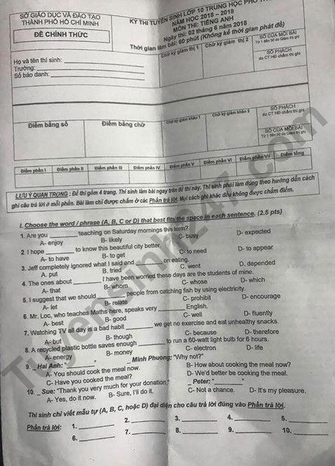 Đáp án đề thi tiếng anh tuyển sinh lớp 10 năm 2018 chính thức? Tham khảo để ôn luyện tốt.
