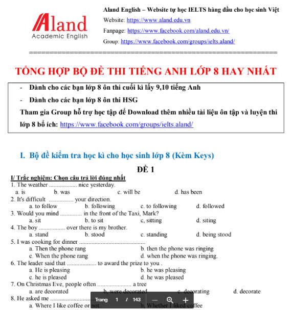 Thi tiếng anh lớp 8 (Lấy điểm 9)